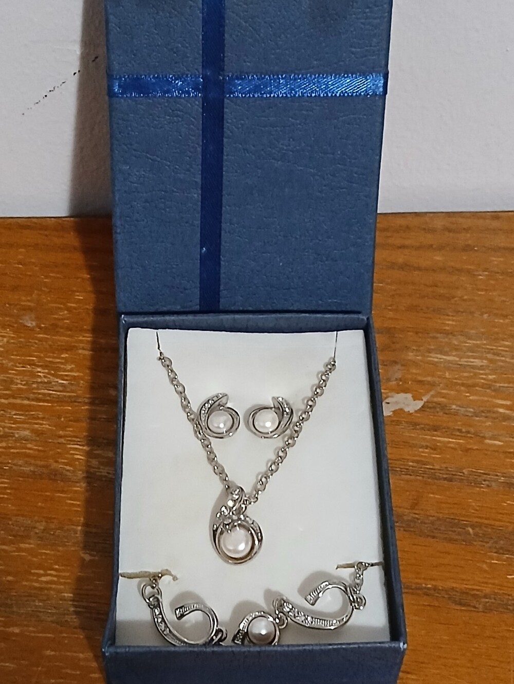 Women's Silvertone Faux Pearl CZ Jewelry Set Necklace, Bracelet And Earrings